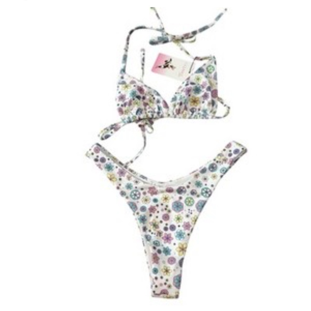 Oceanus Ditzy Spirograph Style Floral Bikini Set White Multicolor NWT